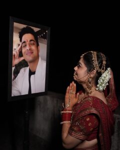 Woman in bridal lehenga performs Karwa Chauth for Ranveer Allahbadia in a viral Instagram video, expressing love beyond time and space.